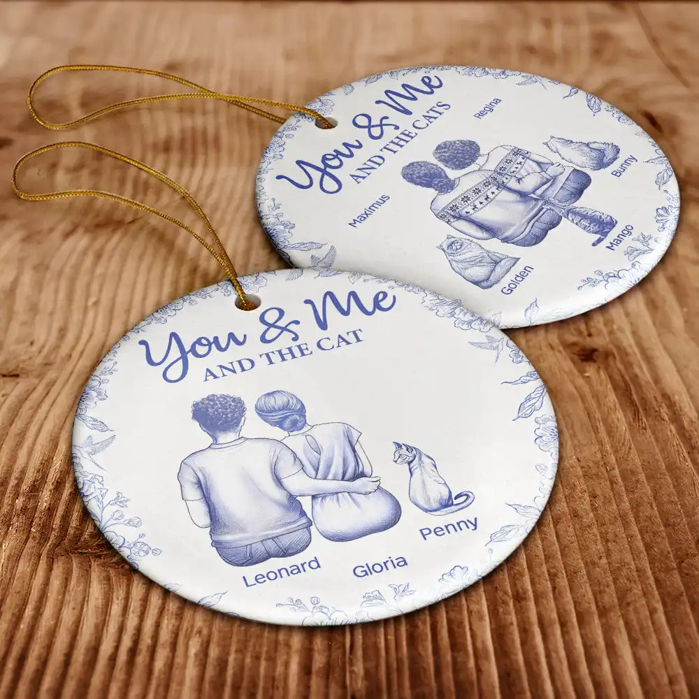 Cat Lovers, Pet Lovers, Happy, Cat Couple, Christmas - You & Me & The Cat Toile - Personalized Circle Ceramic Ornament