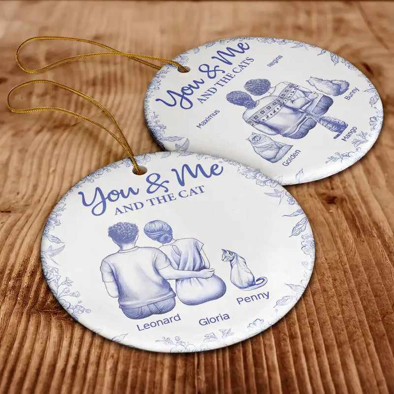 Cat Lovers, Pet Lovers, Happy, Cat Couple, Christmas - You & Me & The Cat Toile - Personalized Circle Ceramic Ornament