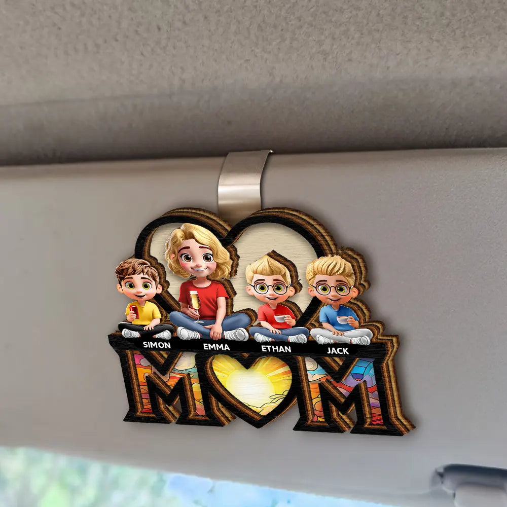 Gift For Mother,Love - Young Mother Daughter Son We Love You Mom 3D Cartoon - Personalized Custom Shaped Car Visor Clip