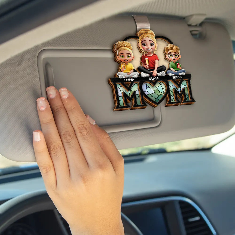 Gift For Mother,Love - Young Mother Daughter Son We Love You Mom 3D Cartoon - Personalized Custom Shaped Car Visor Clip
