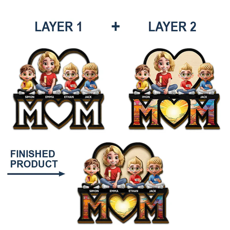 Gift For Mother,Love - Young Mother Daughter Son We Love You Mom 3D Cartoon - Personalized Custom Shaped Car Visor Clip