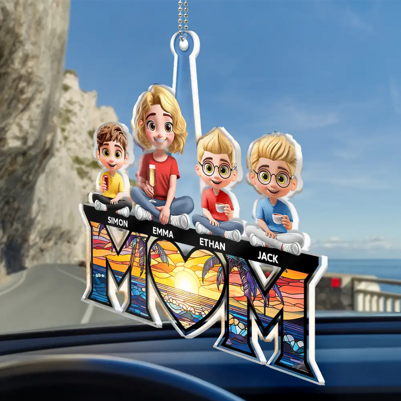 Gift For Mother - Young Mother Daughter Son We Love You Mom 3D Cartoon - Personalized Acrylic Car Hanger
