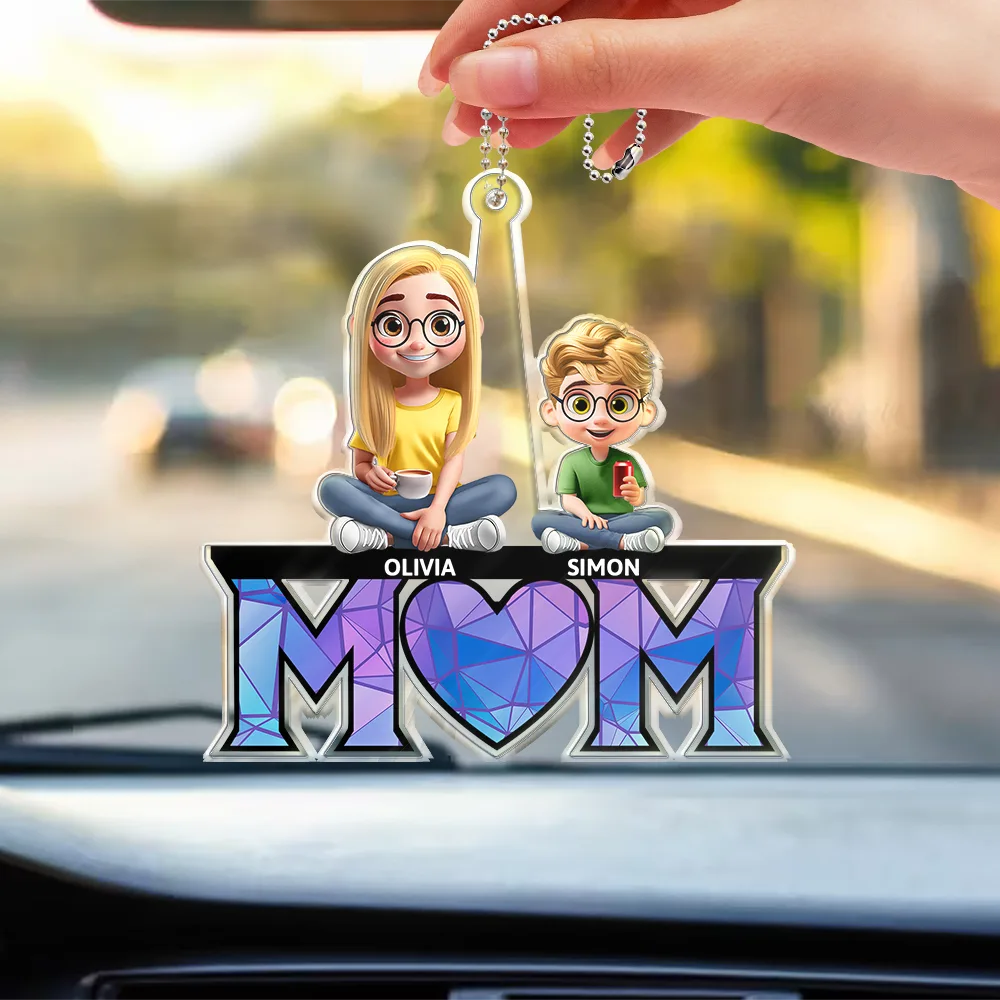 Gift For Mother - Young Mother Daughter Son We Love You Mom 3D Cartoon - Personalized Acrylic Car Hanger
