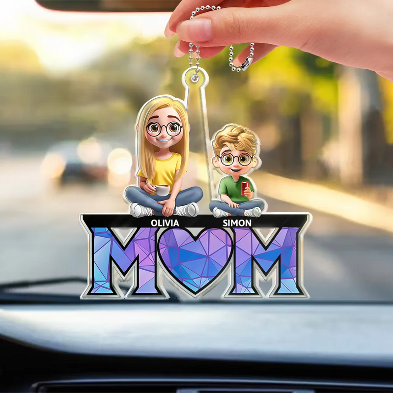 Gift For Mother - Young Mother Daughter Son We Love You Mom 3D Cartoon - Personalized Acrylic Car Hanger
