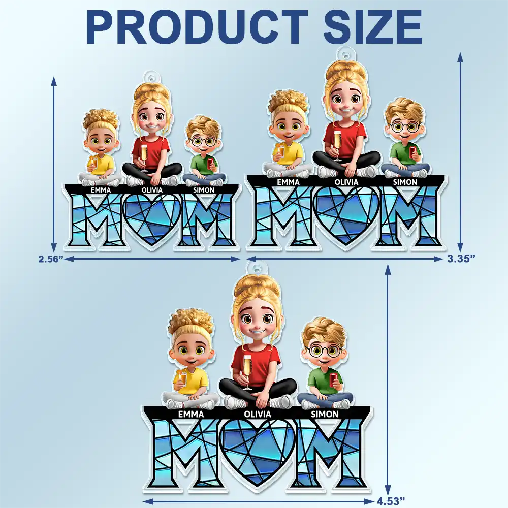 Gift For Mother - Young Mother Daughter Son We Love You Mom 3D Cartoon - Personalized Acrylic Car Hanger
