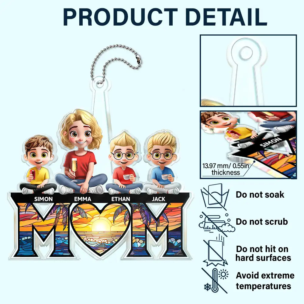 Gift For Mother - Young Mother Daughter Son We Love You Mom 3D Cartoon - Personalized Acrylic Car Hanger
