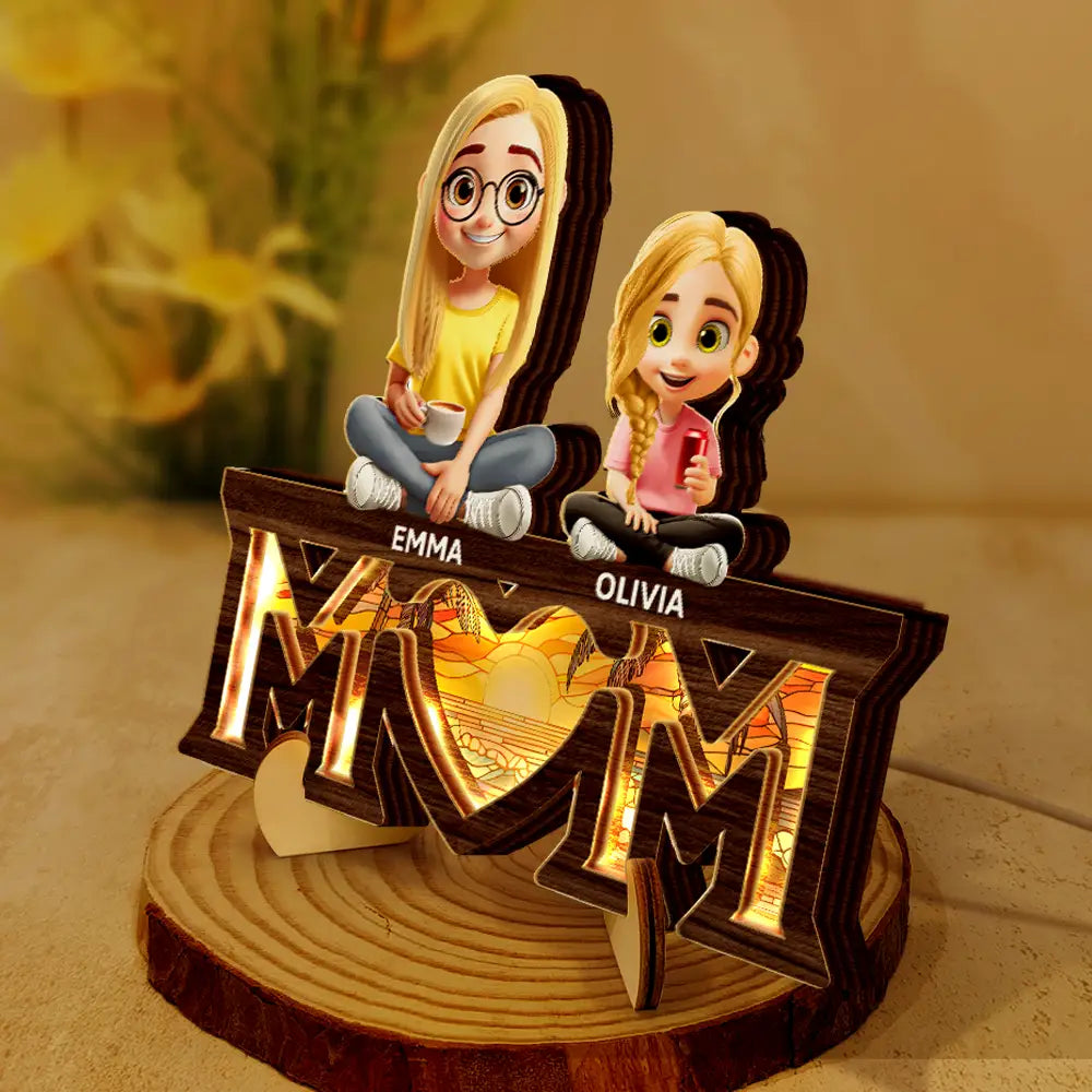 Gift For Mother, Love - Young Mother Daughter Son We Love You Mom 3D Cartoon - Personalized LED Light Wooden Plaque