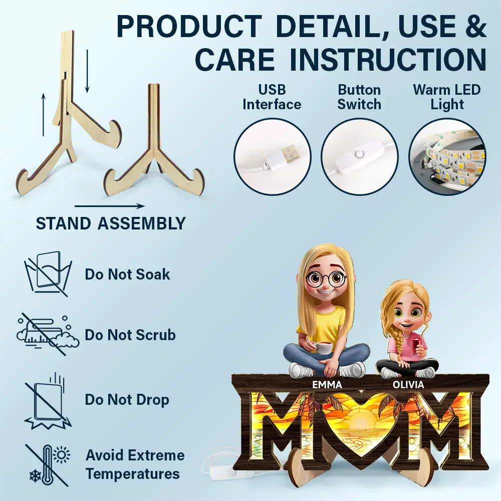 Gift For Mother, Love - Young Mother Daughter Son We Love You Mom 3D Cartoon - Personalized LED Light Wooden Plaque