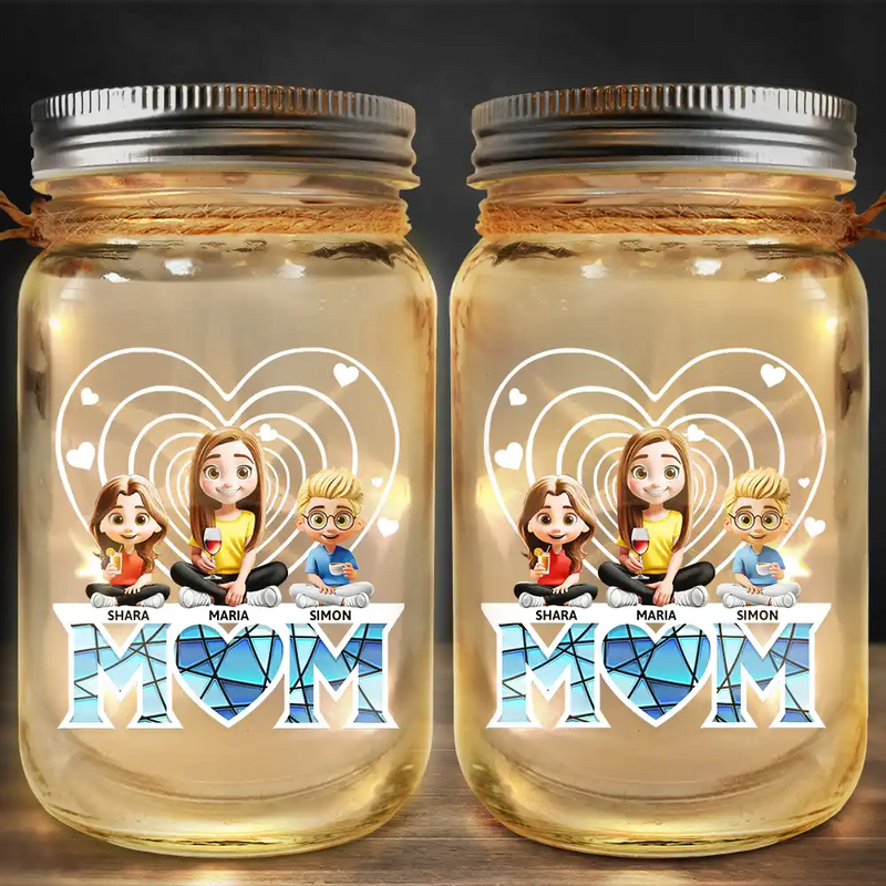 Gift For Mother, Love - Young Mother Daughter Son We Love You Mom 3D Cartoon - Personalized Mason Jar Light