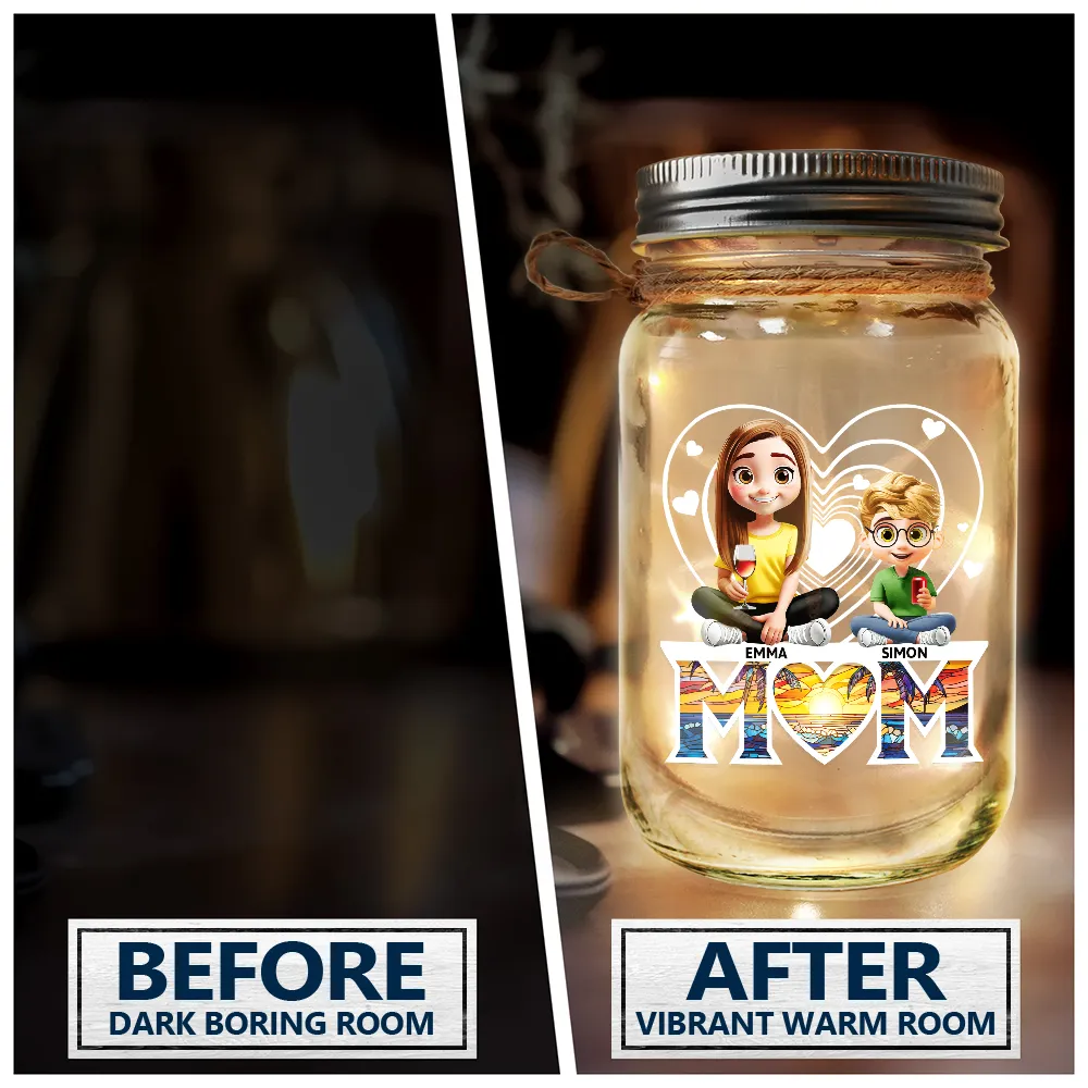 Gift For Mother, Love - Young Mother Daughter Son We Love You Mom 3D Cartoon - Personalized Mason Jar Light