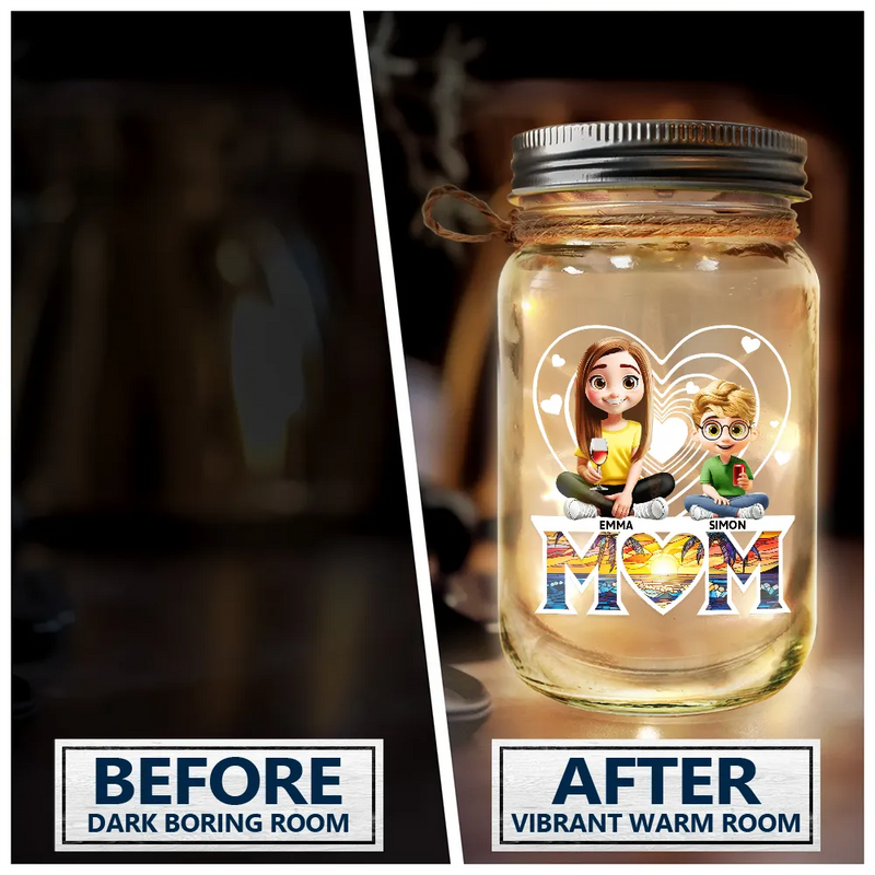 Gift For Mother, Love - Young Mother Daughter Son We Love You Mom 3D Cartoon - Personalized Mason Jar Light