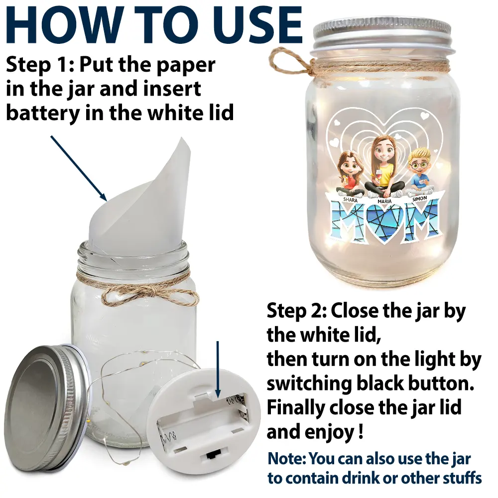 Gift For Mother, Love - Young Mother Daughter Son We Love You Mom 3D Cartoon - Personalized Mason Jar Light