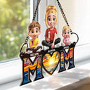 Gift For Mother,Love - Young Mother Daughter Son We Love You Mom 3D Cartoon - Personalized Window Hanging Suncatcher Ornament