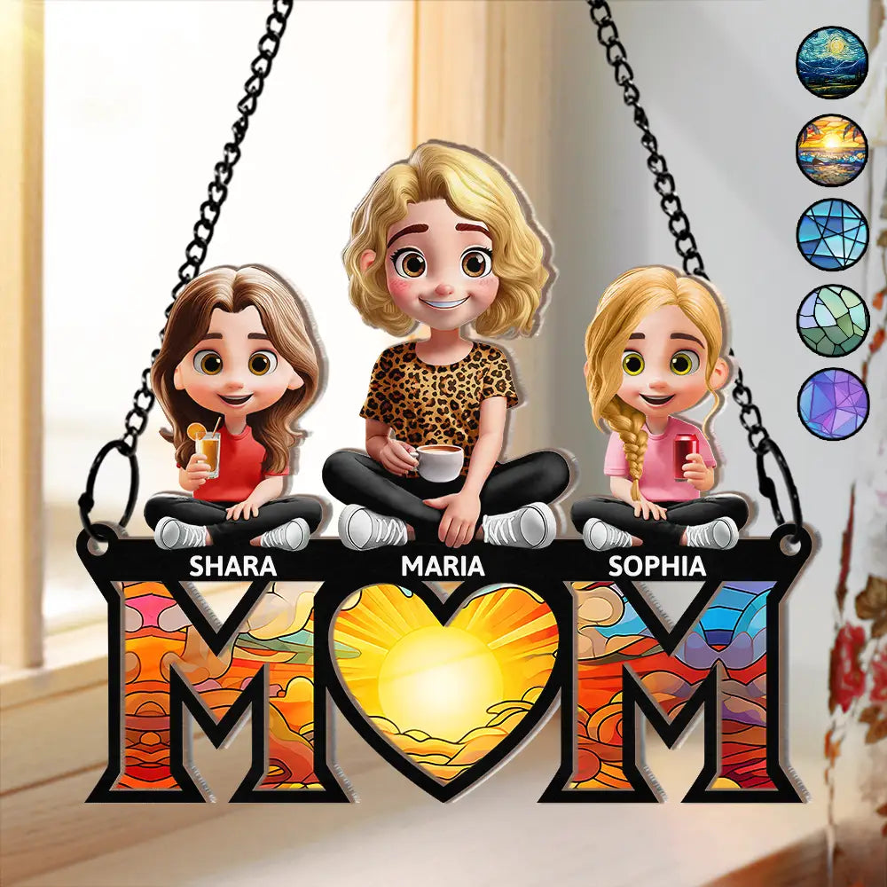 Gift For Mother,Love - Young Mother Daughter Son We Love You Mom 3D Cartoon - Personalized Window Hanging Suncatcher Ornament