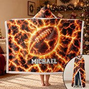 Christmas,Football,Gift For Kids,Happy,Icon - Youth Athlete Gift For Boys - Personalized Fire And Lightning Sports Ball Wearable Hooded Blanket