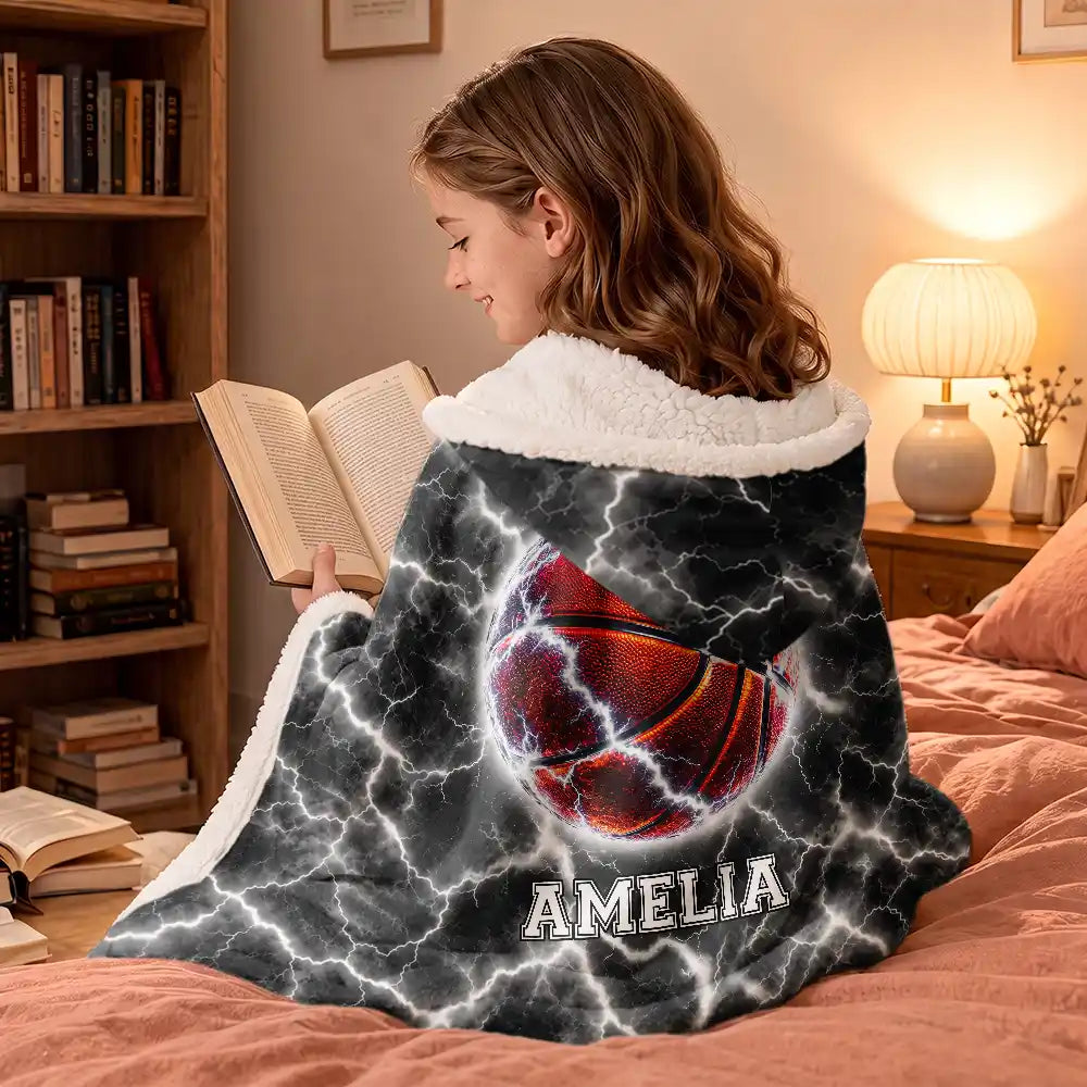 Christmas,Football,Gift For Kids,Happy,Icon - Youth Athlete Gift For Boys - Personalized Fire And Lightning Sports Ball Wearable Hooded Blanket