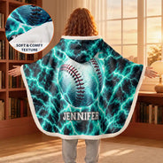 Christmas,Football,Gift For Kids,Happy,Icon - Youth Athlete Gift For Boys - Personalized Fire And Lightning Sports Ball Wearable Hooded Blanket