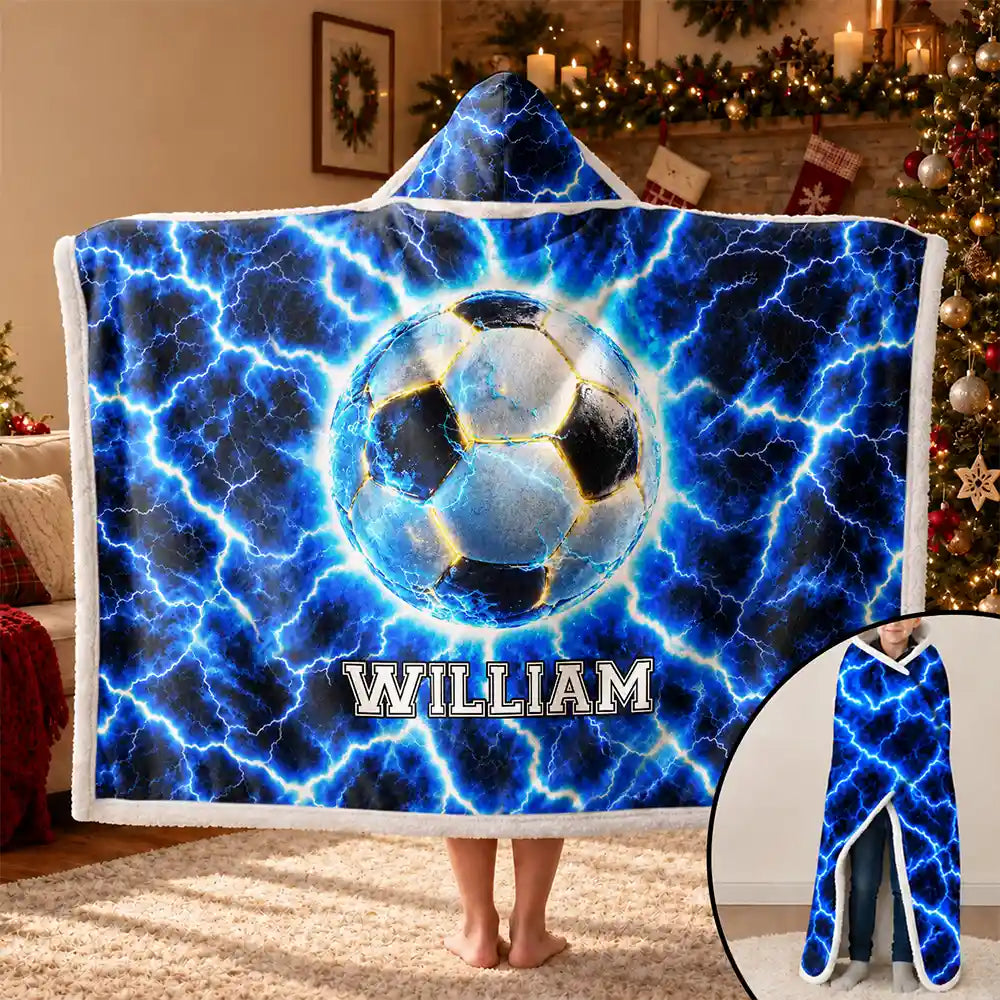 Christmas,Football,Gift For Kids,Happy,Icon - Youth Athlete Gift For Boys - Personalized Fire And Lightning Sports Ball Wearable Hooded Blanket