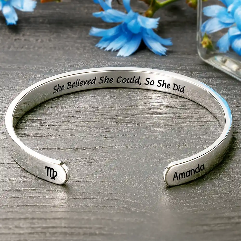 Gift For Yourself,Gift For Women,Gift For Sisters,Gift For Bestie,Love,Gift For Daughter - Zodiac Sign Manifestation Message - Personalized Bangle Bracelet Cuff