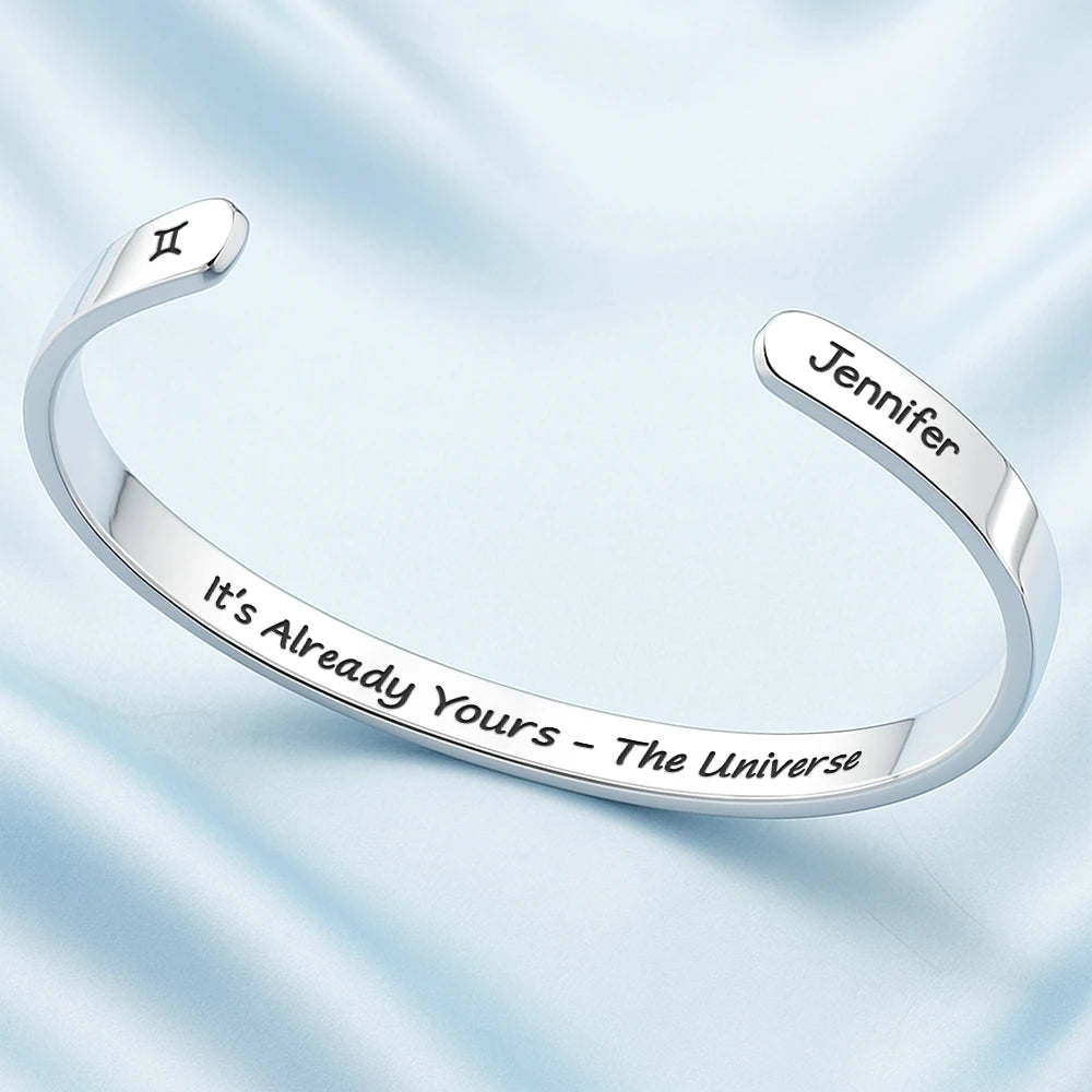 Gift For Yourself,Gift For Women,Gift For Sisters,Gift For Bestie,Love,Gift For Daughter - Zodiac Sign Manifestation Message - Personalized Bangle Bracelet Cuff