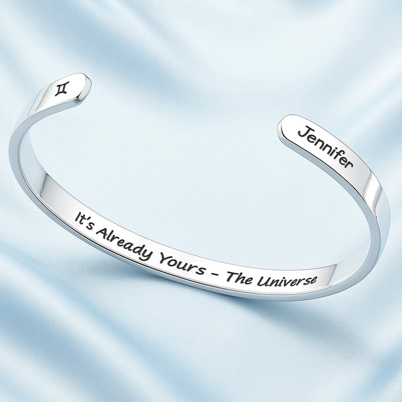Gift For Yourself,Gift For Women,Gift For Sisters,Gift For Bestie,Love,Gift For Daughter - Zodiac Sign Manifestation Message - Personalized Bangle Bracelet Cuff