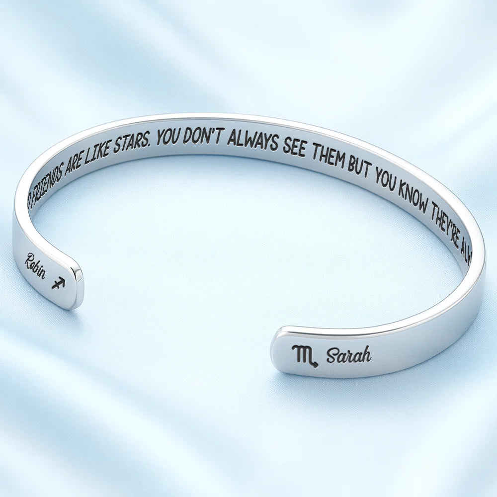 Gift For Women, Gift For Sibling, Gift For Sisters, Gift For Bestie, Love - Zodiac Signs Friends Are Like Stars - Personalized Bangle Bracelet Cuff