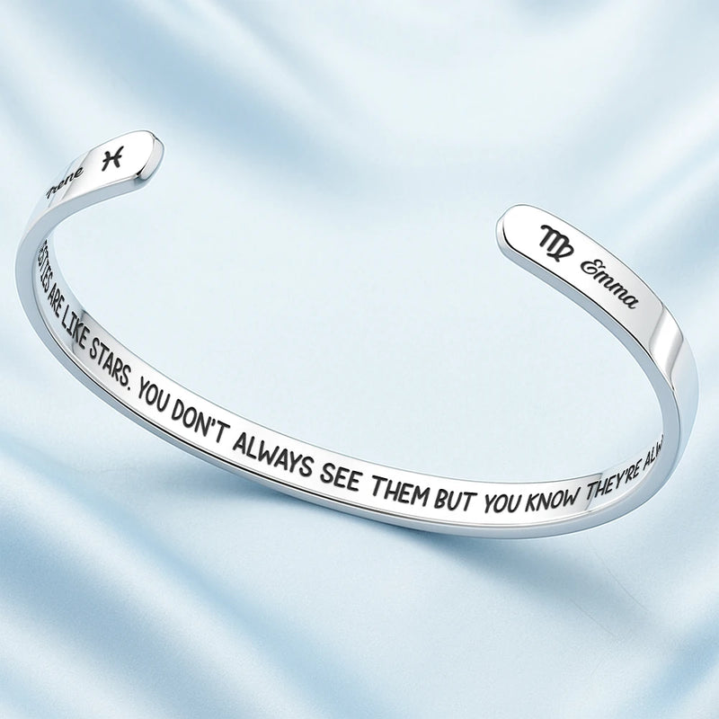 Gift For Women, Gift For Sibling, Gift For Sisters, Gift For Bestie, Love - Zodiac Signs Friends Are Like Stars - Personalized Bangle Bracelet Cuff