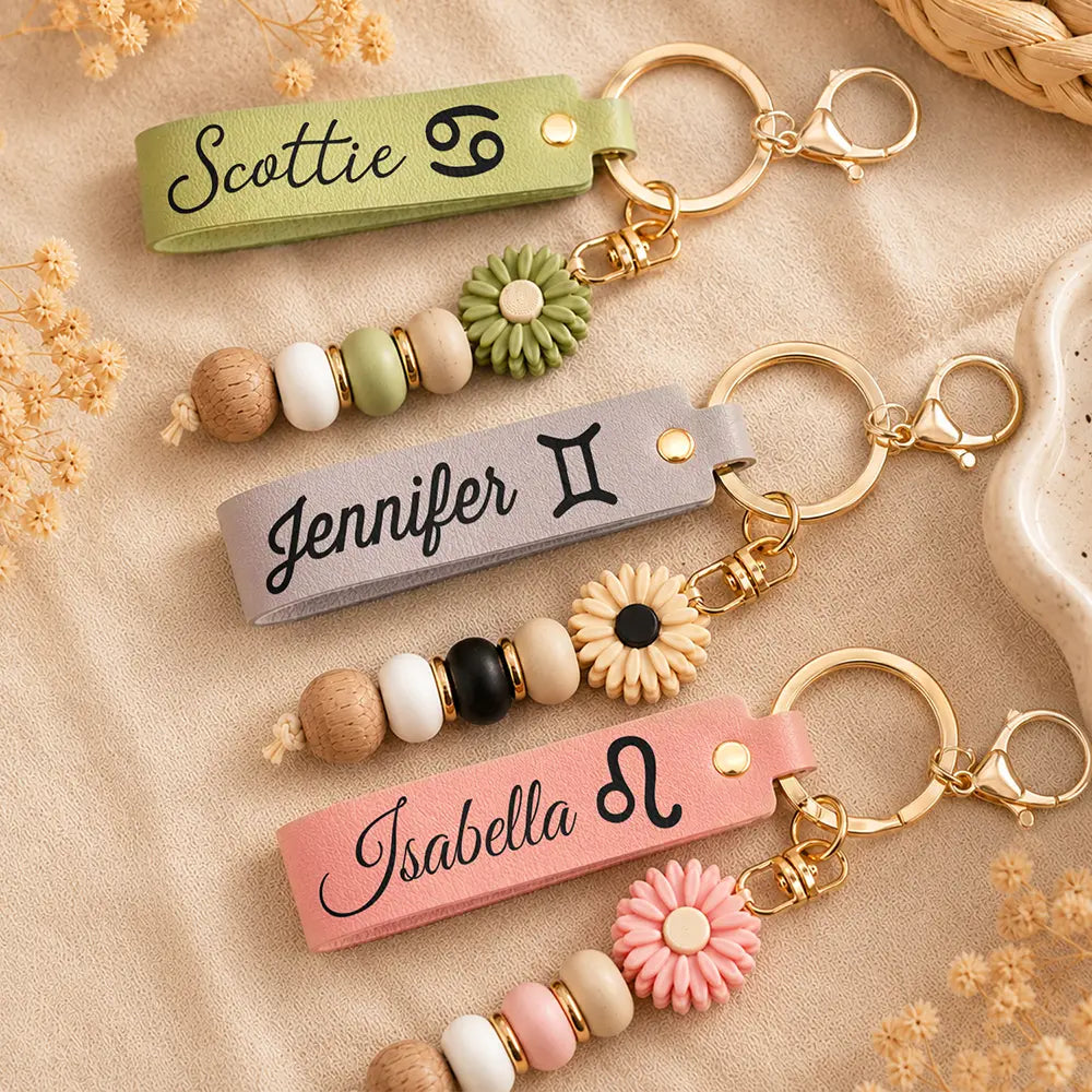 Zodiac Signs With Name - Personalized Leather Beaded Keychain