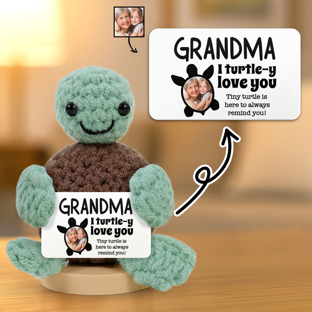 Custom Photo Dad Mom I Turtle-y Love You Thanks For Always Having My Back - Personalized Doll Crochet With Custom Card