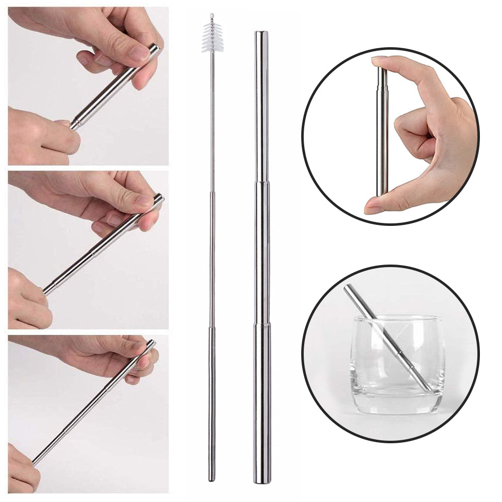 Collapsible Reusable Drinking Straws - Collapsible Straw with Cleaner Brush Set - Stainless Steel Metal Straw For 20 Ounce Tumbler, 30 Ounce Tumbler, Mugs, Cups