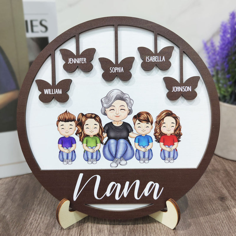 Grand-mère, maman, petits-enfants, papillons - Cadeau pour maman, grand-mère - Plaque en bois personnalisée à 2 couches avec support 
