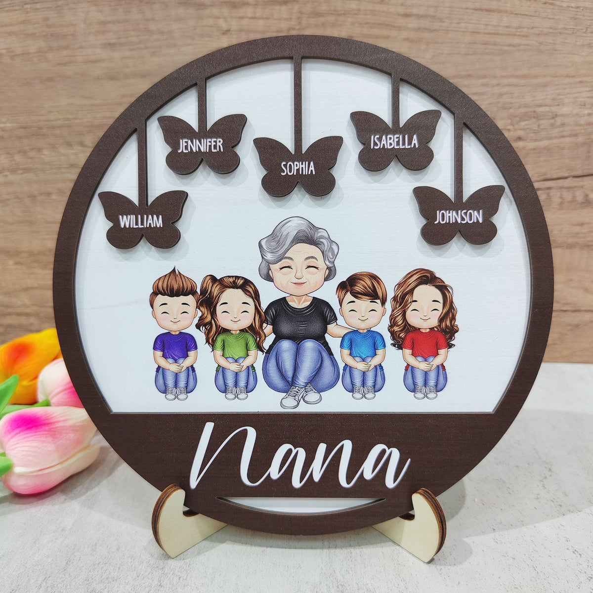 Grand-mère, maman, petits-enfants, papillons - Cadeau pour maman, grand-mère - Plaque en bois personnalisée à 2 couches avec support 