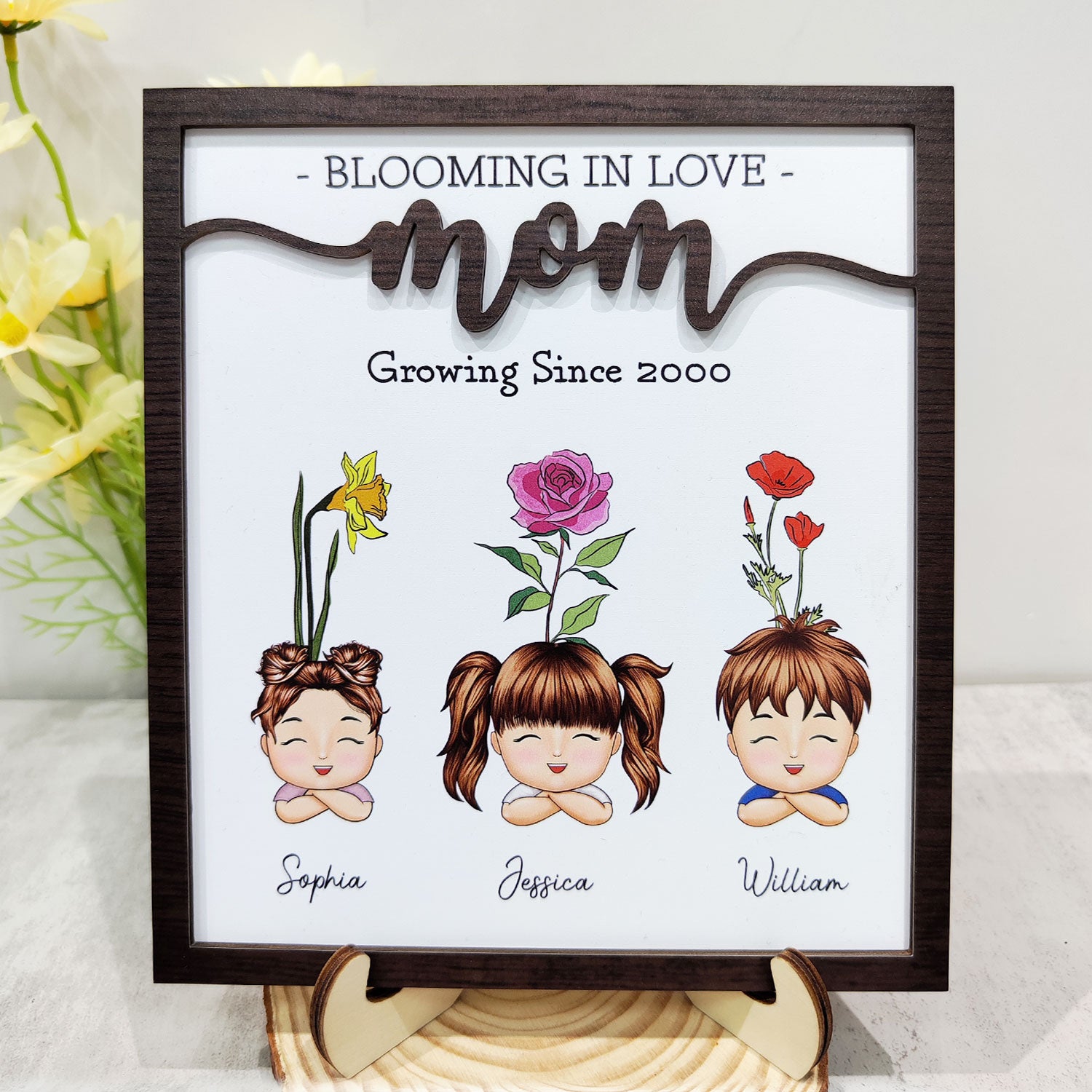 Birth Month Flowers Mom Blooming In Love - Gift For Mothers, Grandmas - Personalized 2-Layered Wooden Plaque With Stand