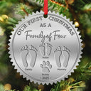 Family,Parents,Happy - First Christmas As A Family Of Four Footprints - Personalized Metal Ornament