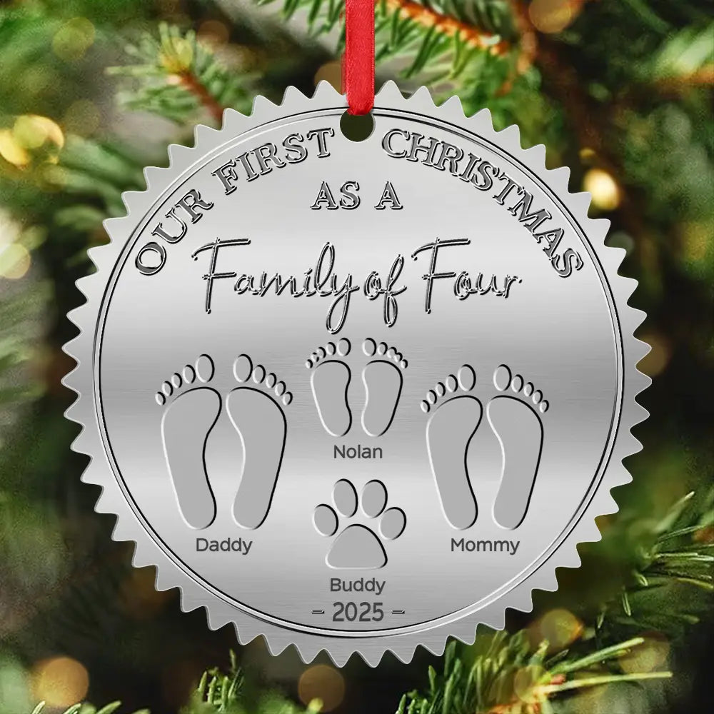 Family,Parents,Happy - First Christmas As A Family Of Four Footprints - Personalized Metal Ornament