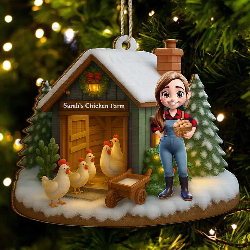 Farm,Gift For Yourself,Christmas,Gift For Women,Gift For Men,Happy - 3D Effect Christmas Chicken Farm - Personalized Custom Shaped Wooden Ornament