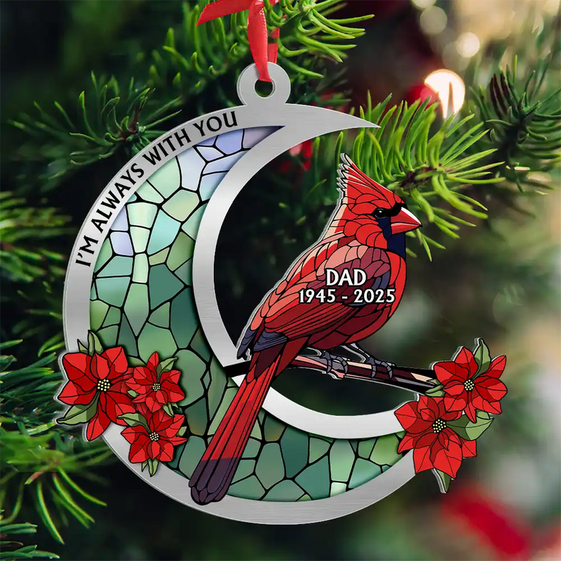 Family,Memorial,Christmas,Love - Memorial Cardinal Stained Glass Moon - Personalized Metal Ornament