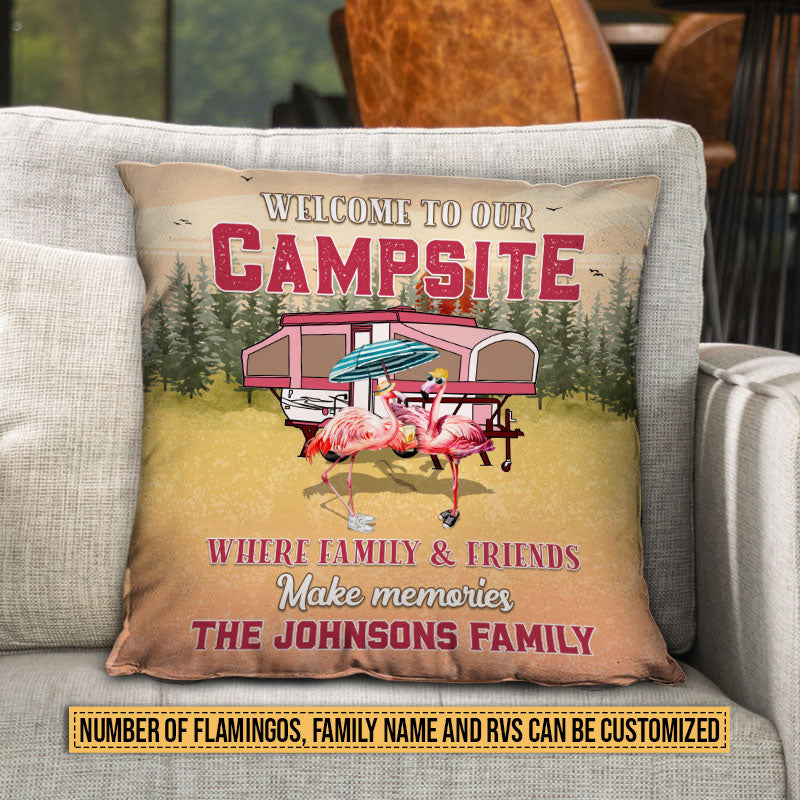 Camping Flamingo Bestie Welcome To Our Campsite Custom Pillow, Personalized Camping Gift