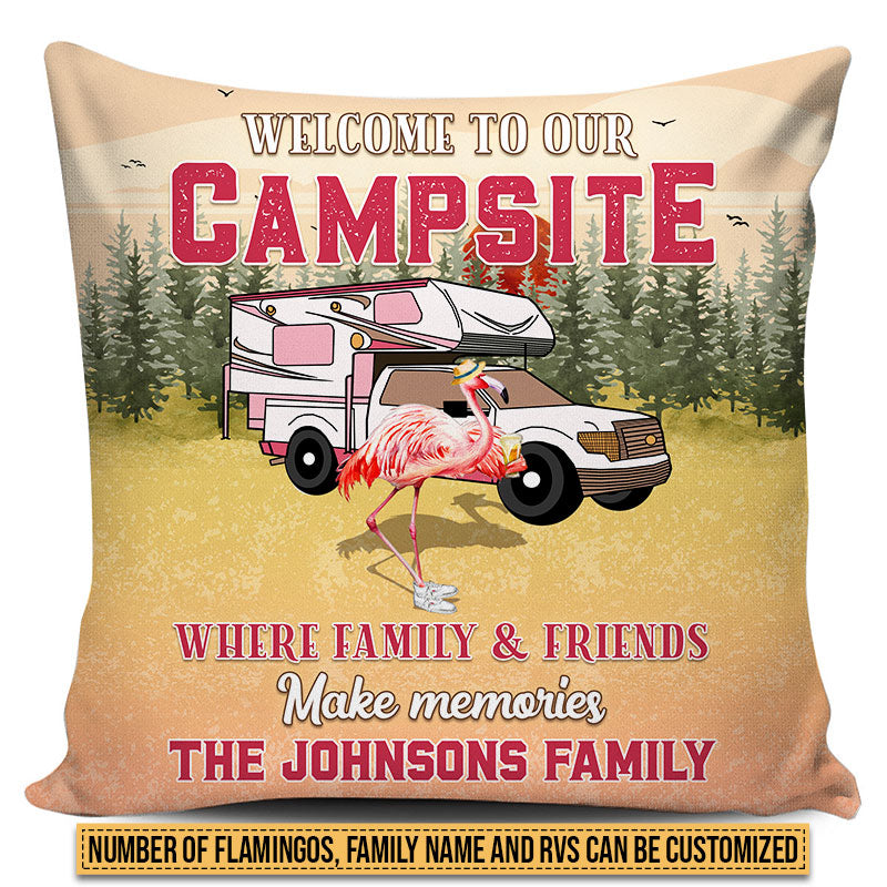 Camping Flamingo Bestie Bienvenue sur notre camping Oreiller personnalisé, cadeau de camping personnalisé