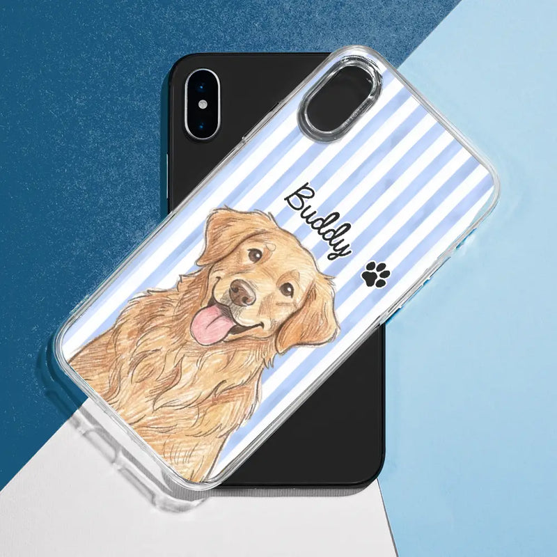 Custom Photo,Art Design,Pet Lovers,Adorable,Photo - Colored Pencil  - Custom Photo Colored Pencil Sketch Cute Dog Cat Stripe Pattern - Personalized Clear Phone Case