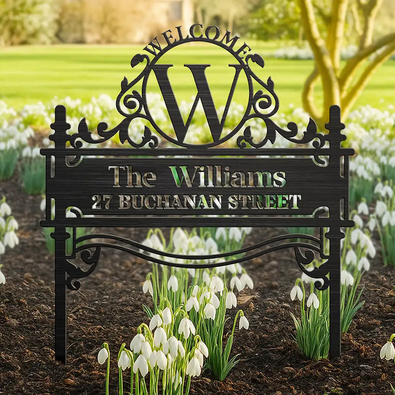 Family,Gardening,Happy,Non-Eng,Icon,Proud - Welcome Family Name Monogram - Personalised Metal Garden Stake