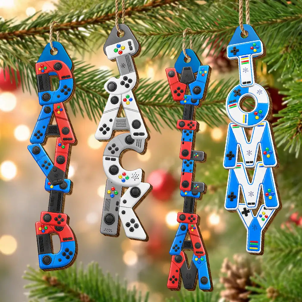 Playful,Christmas,Gaming,Gift For Kids,Icon - Custom Name With Gaming Alphabet For Kid Boy - Personalized Custom Shaped Wooden Ornament