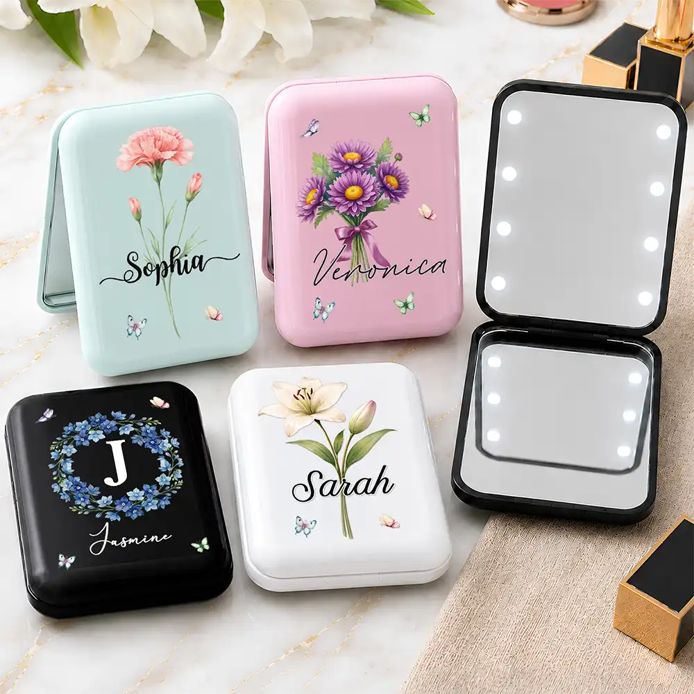 Watercolor Birth Flower Custom Name For Her, Daughter, Mom, Besties - Personalized LED Compact Mirror