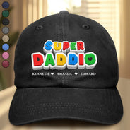 Gift For Father,Non-Eng,Custom Text,Adorable - Super Dad Papa Arcade Retro 3D Effect Custom Kid Names - Personalized Vintage Washed Denim Cap