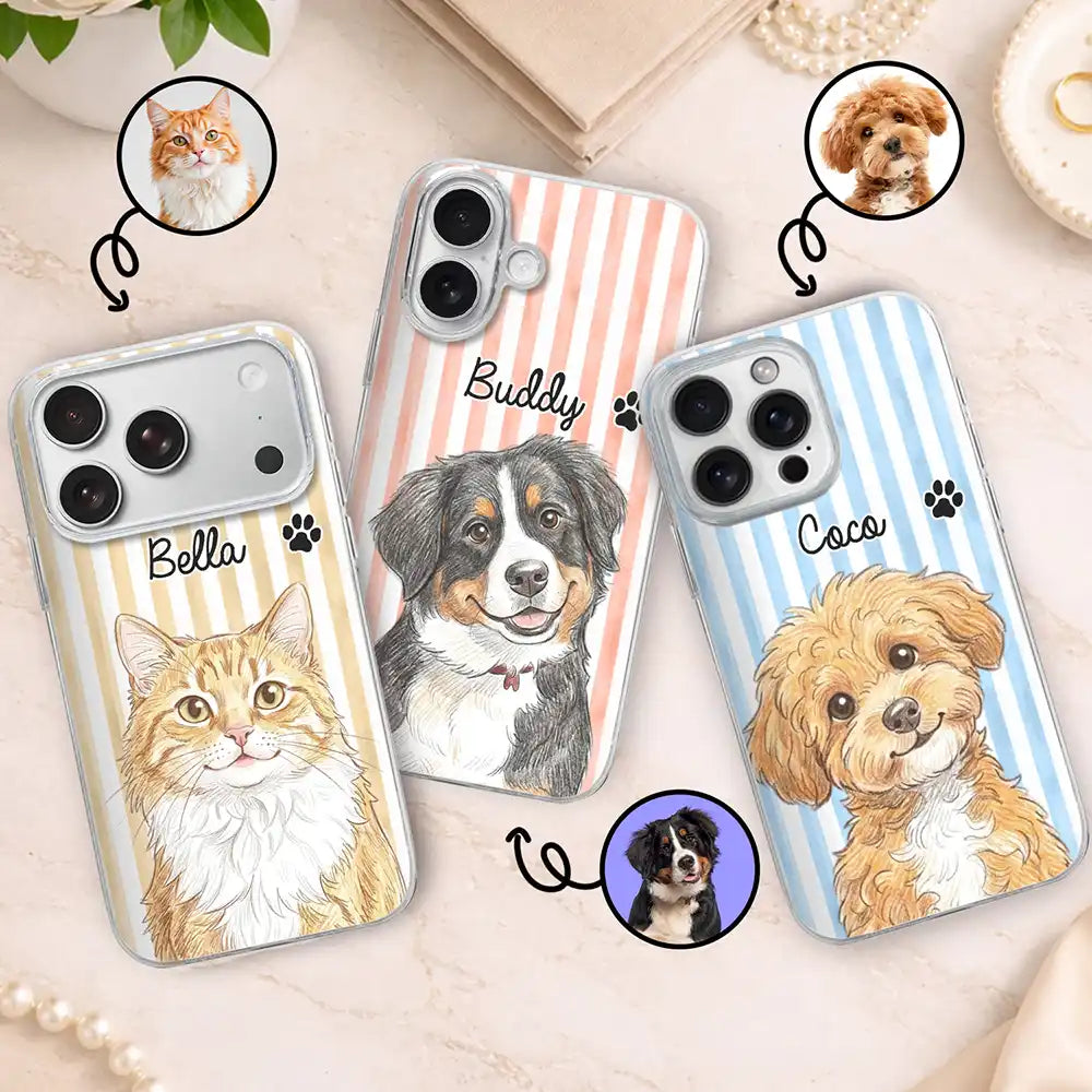 Custom Photo Colored Pencil Sketch Cute Dog Cat Stripe Pattern - Personalized Clear Phone Case