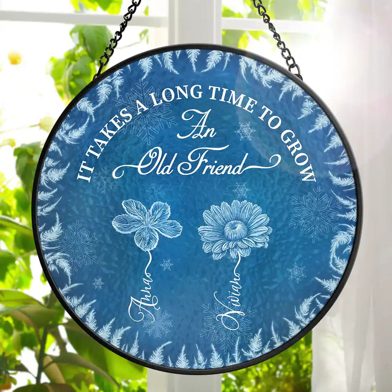 Gift For Bestie,Old Best friends,Love,Christmas - Frost Birth Flower Grow An Old Friend - Personalized Stained Glass Window Hanging Suncatcher