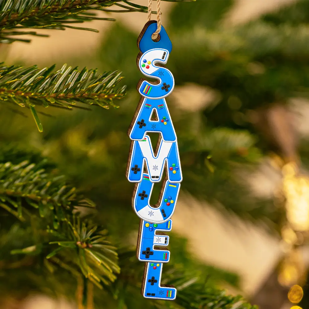 Playful,Christmas,Gaming,Gift For Kids,Icon - Custom Name With Gaming Alphabet For Kid Boy - Personalized Custom Shaped Wooden Ornament