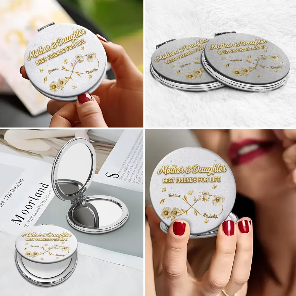 Mom - Daughters (Adult),Mom - Daughters (Young),Gift For Daughter,Love - Mom And Daughter Forever Linked Together - Personalized Circle Compact Mirror
