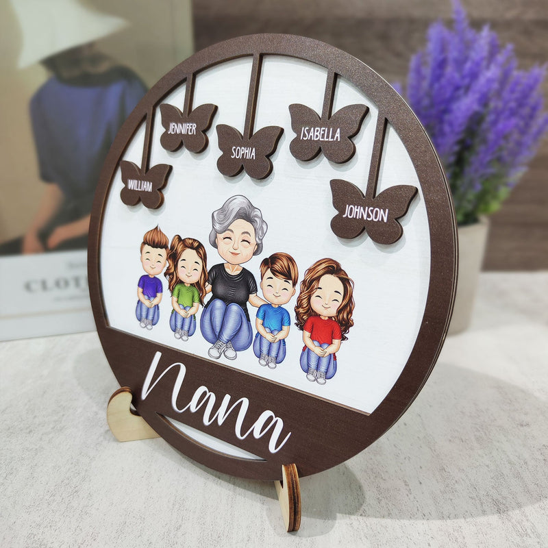 Grand-mère, maman, petits-enfants, papillons - Cadeau pour maman, grand-mère - Plaque en bois personnalisée à 2 couches avec support 