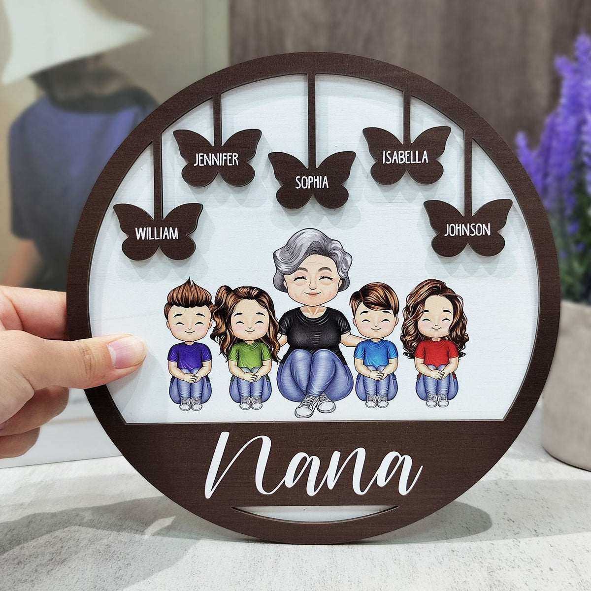 Grand-mère, maman, petits-enfants, papillons - Cadeau pour maman, grand-mère - Plaque en bois personnalisée à 2 couches avec support 